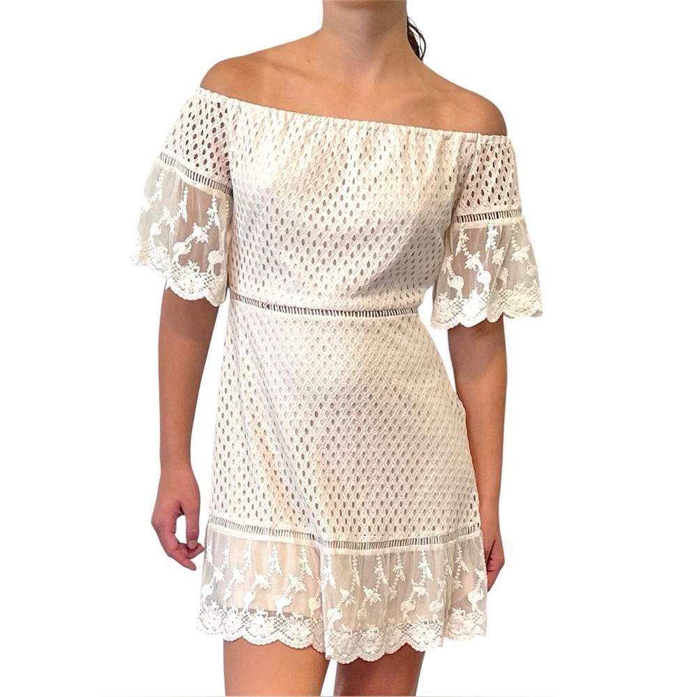 Listicle Size Small Off-The-Shoulder Open Weave Dress Lace Bell Sleeve Cream